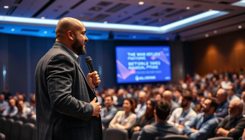 Generate an image of Salim Ismail speaking at a conference