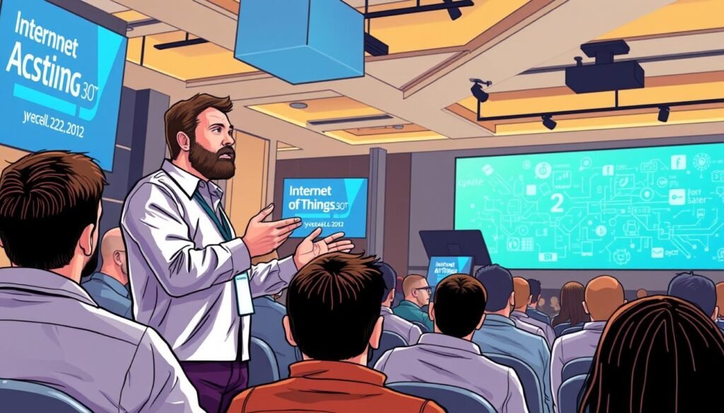 Generate an image of Scott Amyx discussing IoT at a tech conference.