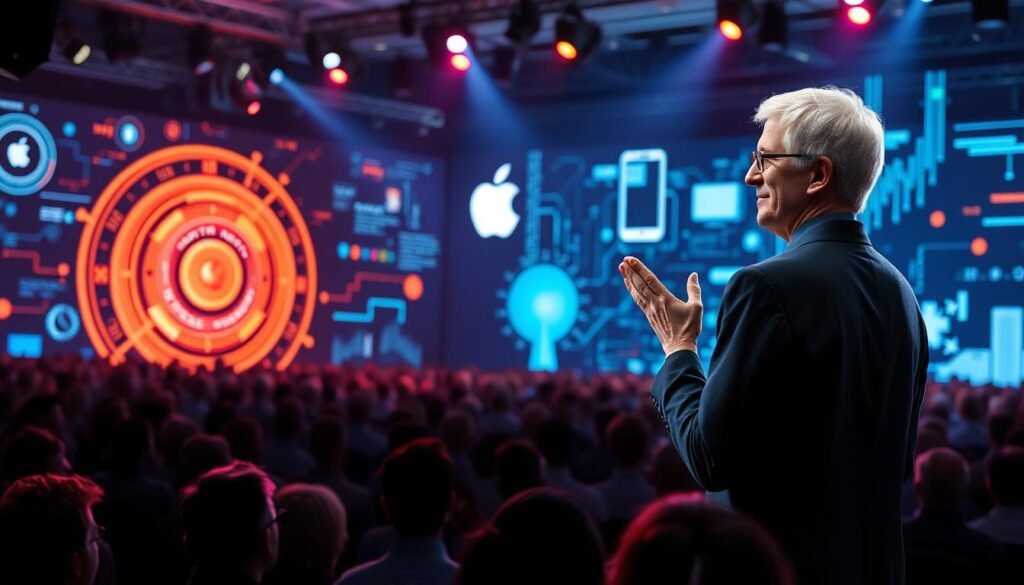 Generate an image of Tim Cook speaking at a technology event.