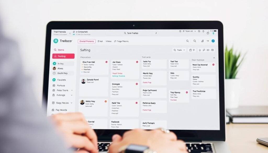 Generate an image of Trello's Kanban board interface on a freelancer's laptop screen.