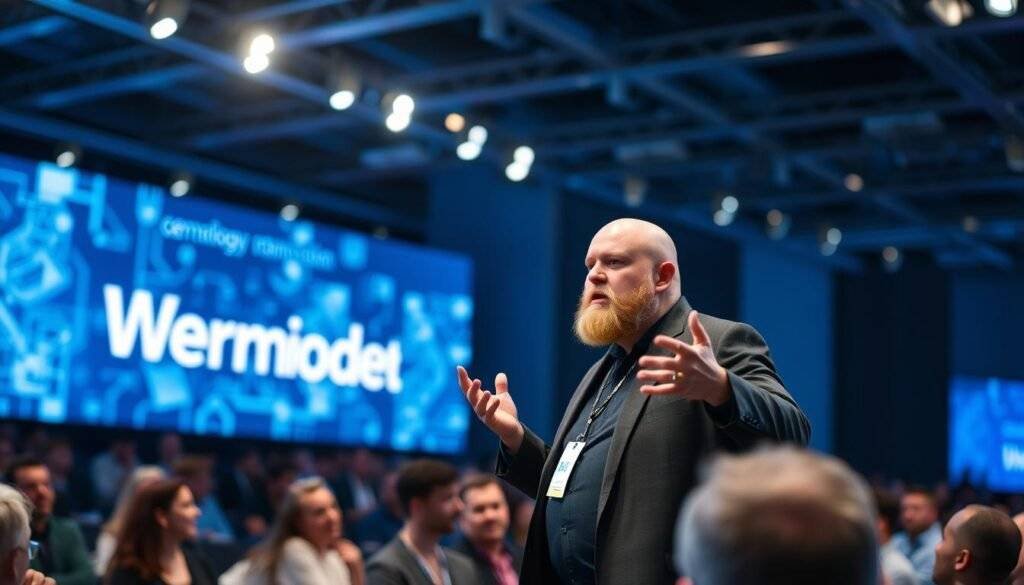 Generate an image of Werner Vogels presenting at a tech conference.