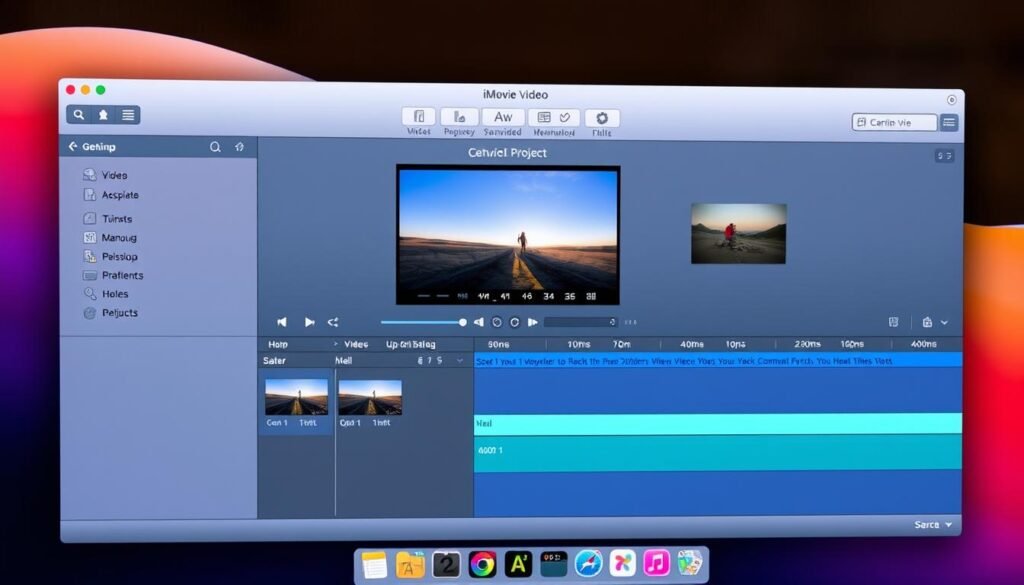 Generate an image of a Mac screen displaying the iMovie interface with a video project open.