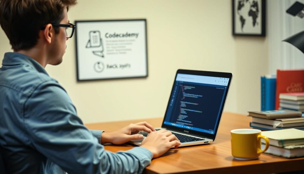 Generate an image of a beginner coding on a laptop with Codecademy's interface on the screen.