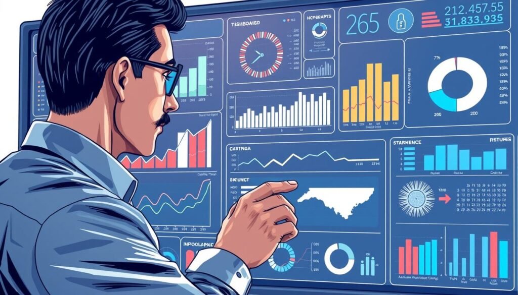 Generate an image of a business professional analyzing data on a dashboard with various visualizations.