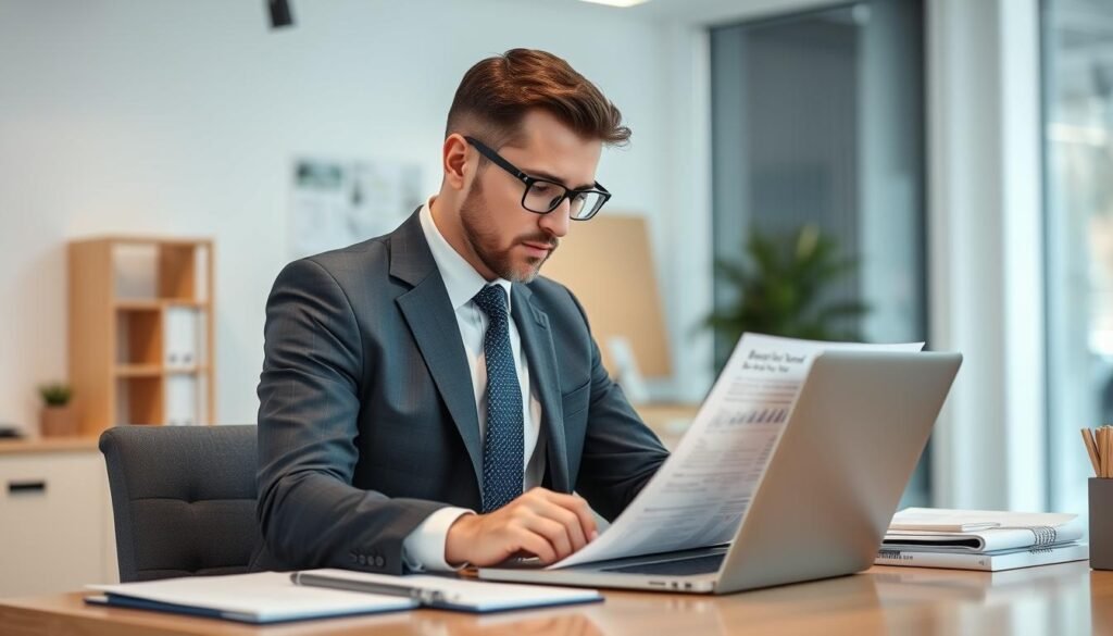 Generate an image of a business professional reviewing a comprehensive business plan on a laptop.