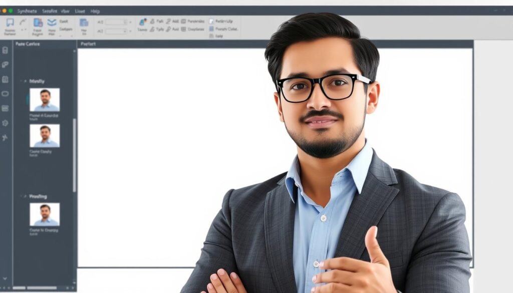 Generate an image of a business professional using Synthesia to create a video.