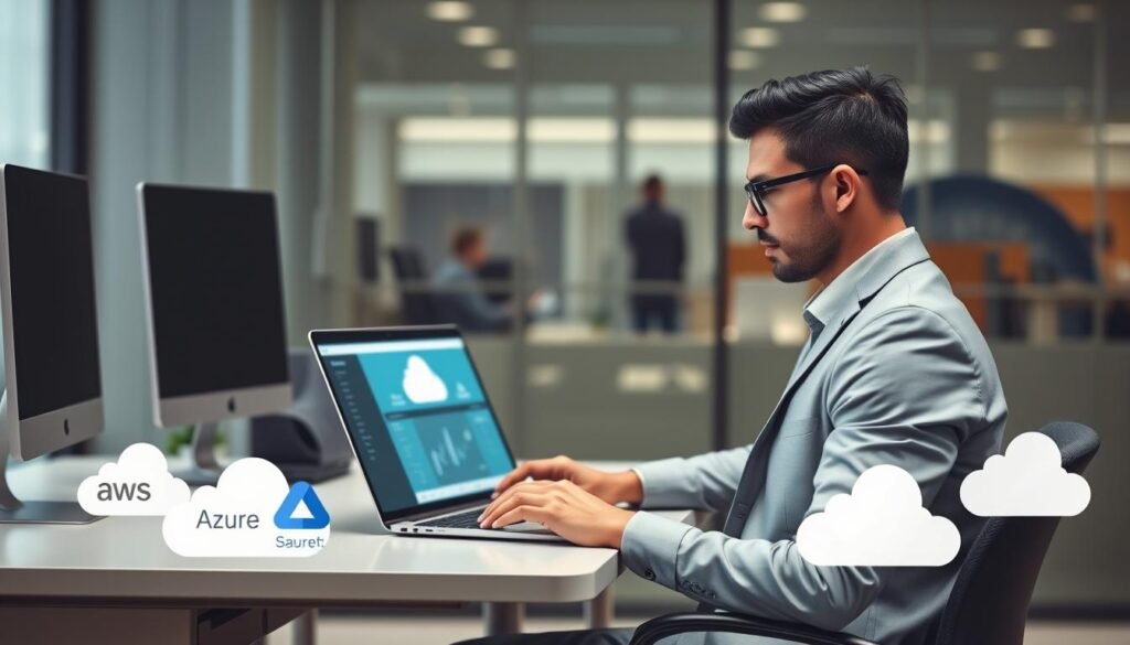 Generate an image of a business professional using a laptop with a cloud interface on the screen, surrounded by icons representing different cloud services like AWS, Azure, and Google Cloud.