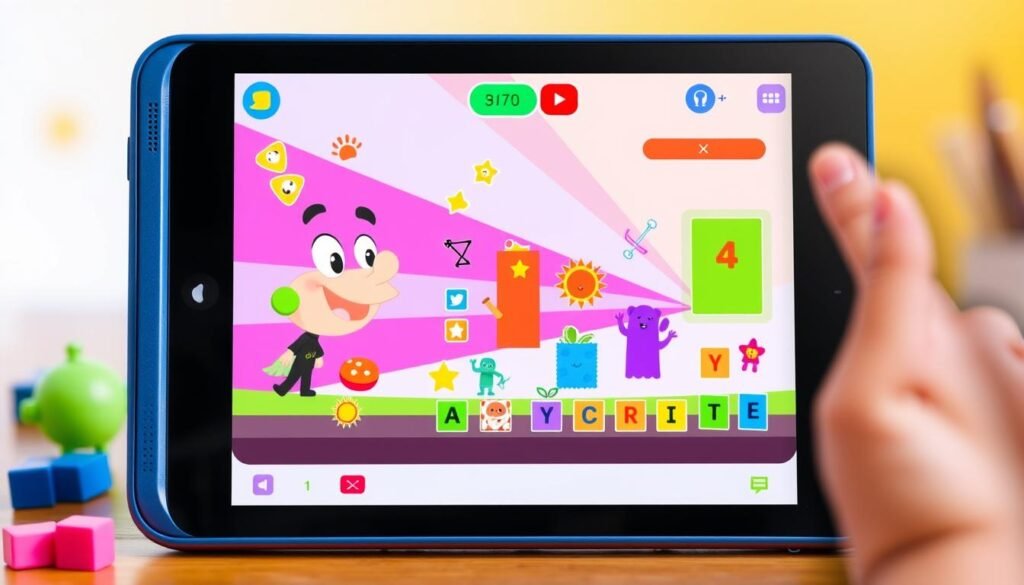 Generate an image of a child creating an animation using SpriteBox on a tablet, with colorful sprites and coding blocks.