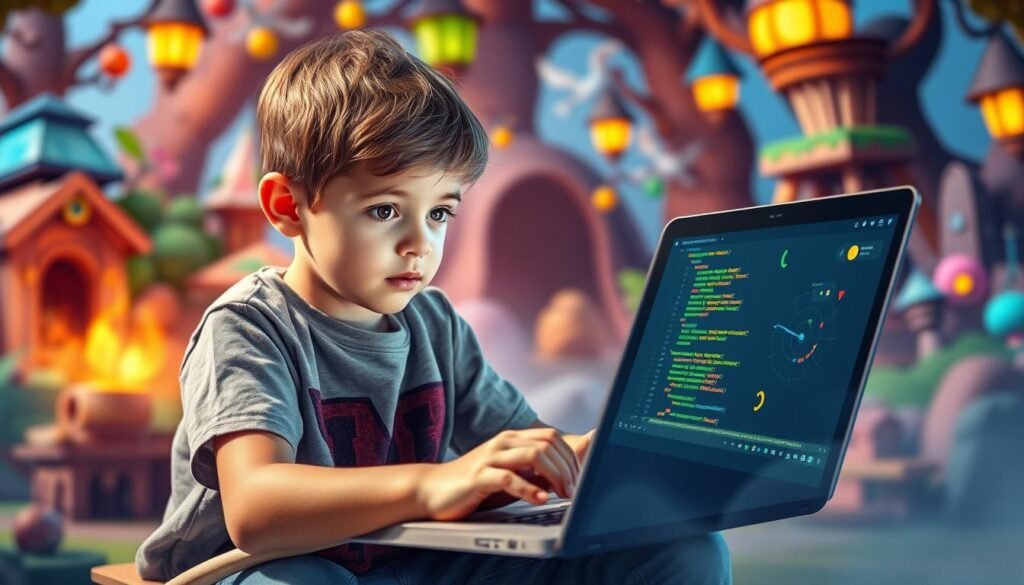 Generate an image of a child playing CodeCombat on a laptop, with code on the screen and a game-like environment.