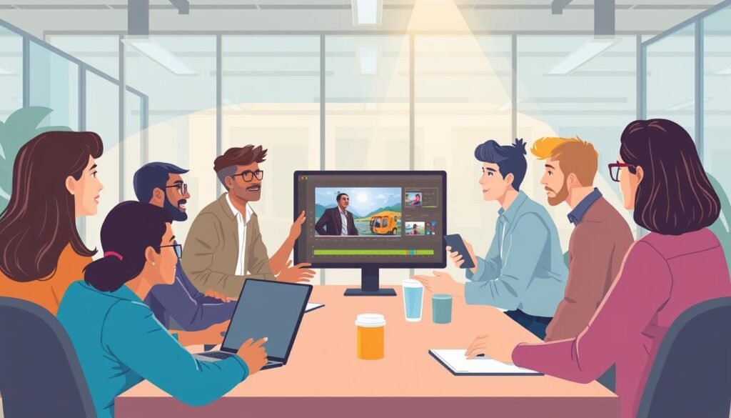 Generate an image of a creative team using Runway for video generation.