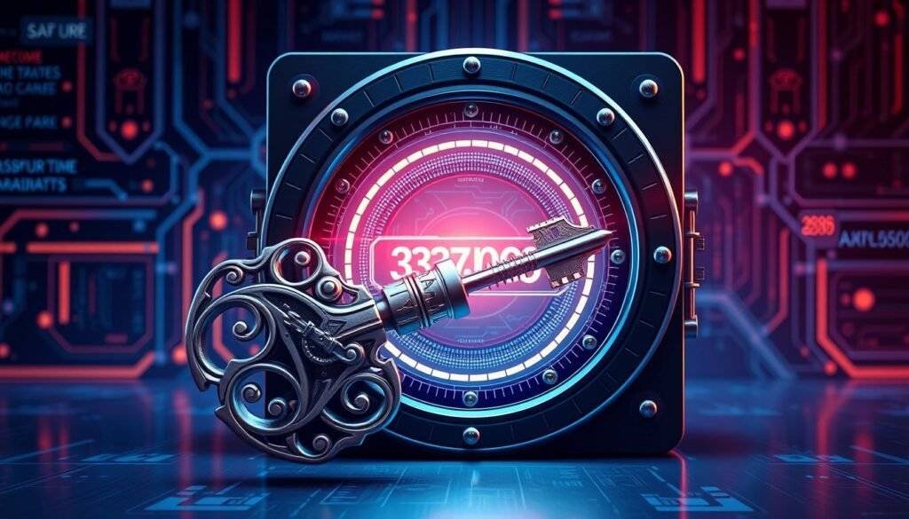 Generate an image of a digital vault with a key in front, symbolizing secure password storage.