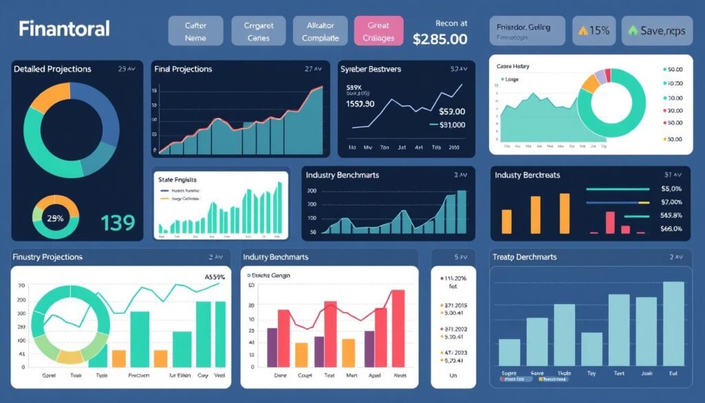 Generate an image of a financial dashboard displaying projections and industry benchmarks.