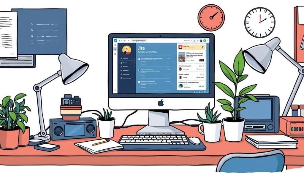 Generate an image of a freelance developer's workspace with Jira on the screen.