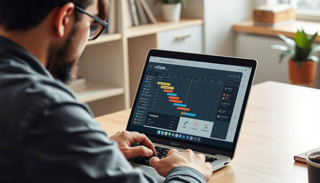 Generate an image of a freelancer working on a laptop with nTask's interface on the screen, highlighting its Gantt charts and risk management features.