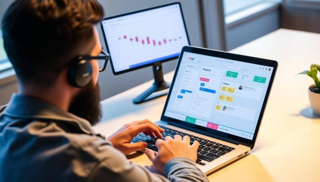 Generate an image of a freelancer working on a project using Hive on their laptop, with various project views like Gantt and Kanban visible.