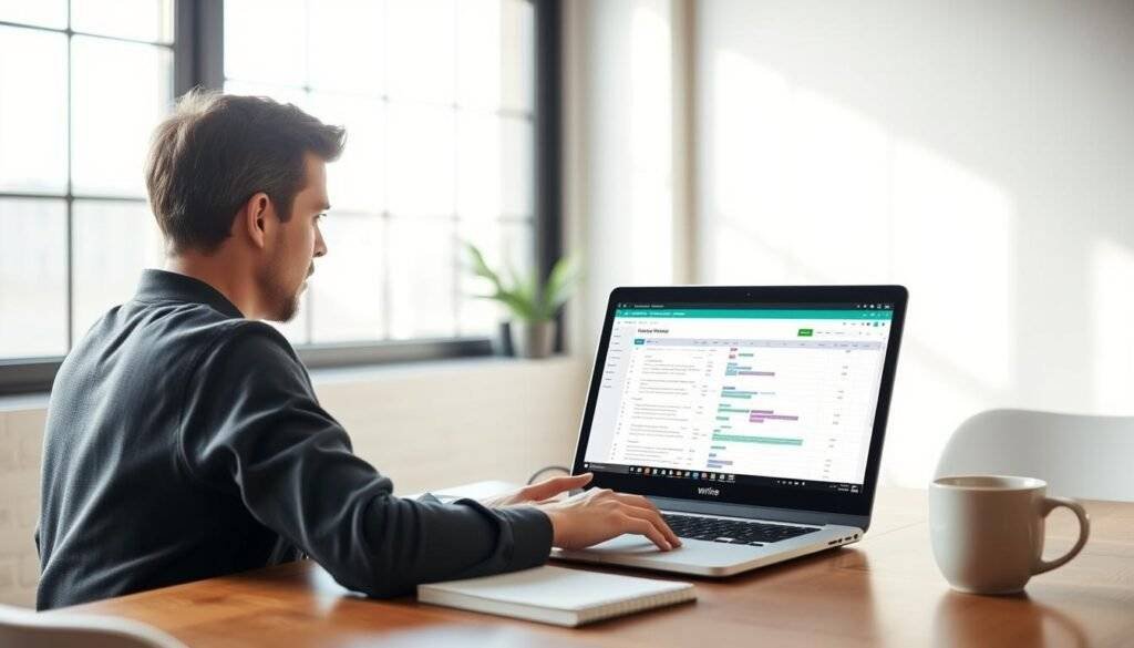 Generate an image of a freelancer working on a project using Wrike's spreadsheet-like interface on their laptop.