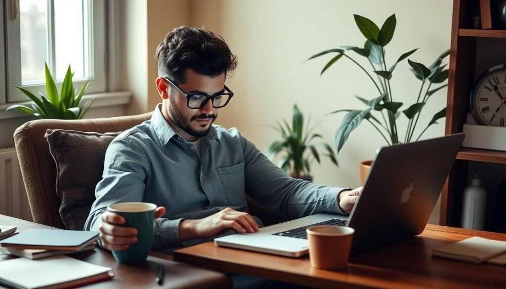 Generate an image of a freelancer working on a project with Notion on their laptop