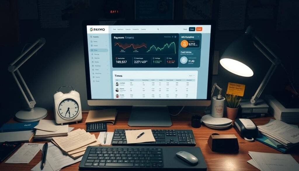 Generate an image of a freelancer's workspace with a computer displaying Paymo's dashboard, surrounded by notes and a timer.