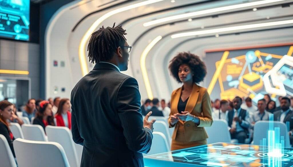 Generate an image of a futuristic conference setting with a speaker discussing future technology trends.