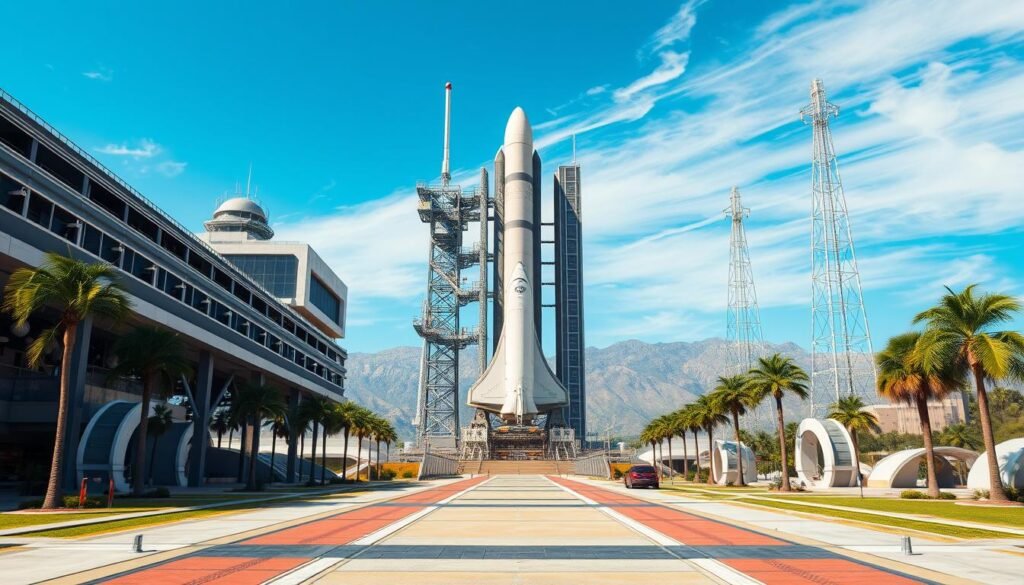 Generate an image of a futuristic space launchpad in Los Angeles.
