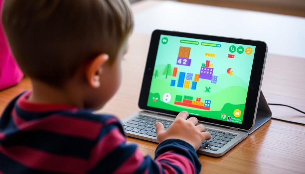 Generate an image of a kid designing a game on Hopscotch, with various coding blocks and game elements on the screen.
