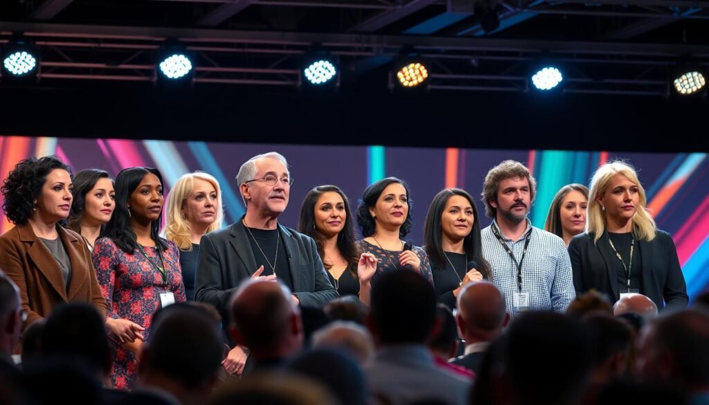 Generate an image of a lineup of top technology keynote speakers
