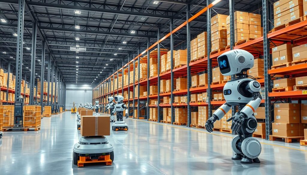 Generate an image of a logistics warehouse with AI-powered robots.