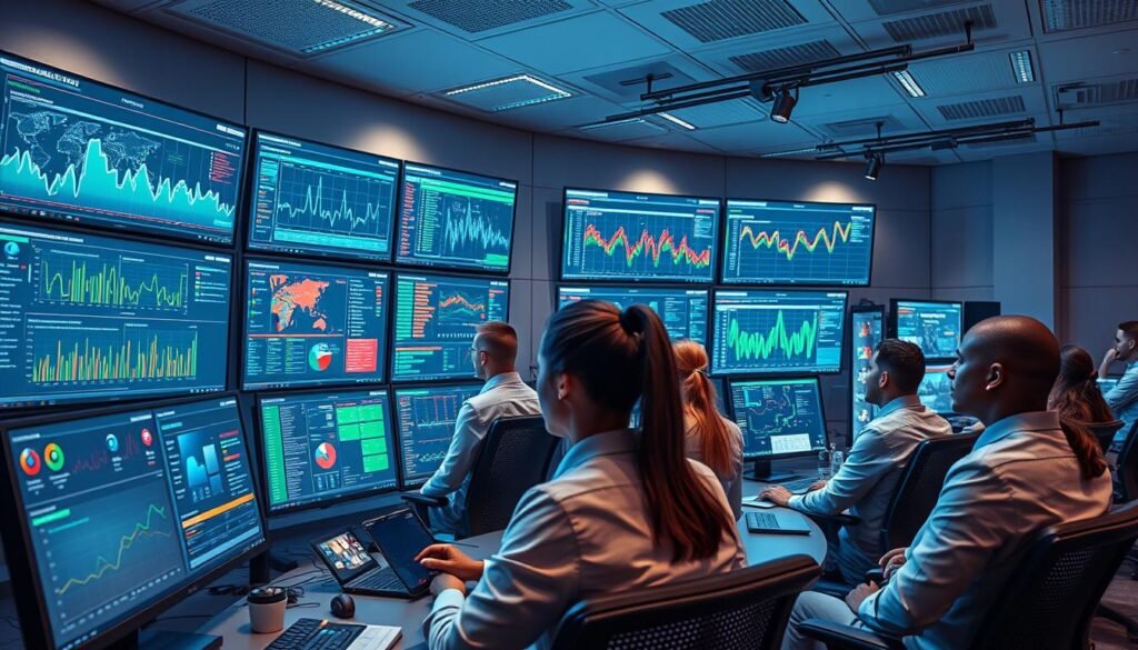 Generate an image of a network operations center with AI-powered monitoring tools.