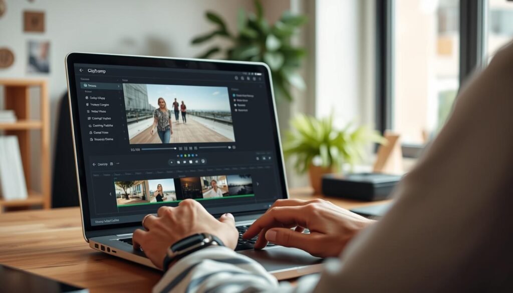 Generate an image of a person editing a video on a laptop using Clipchamp's online video editor.