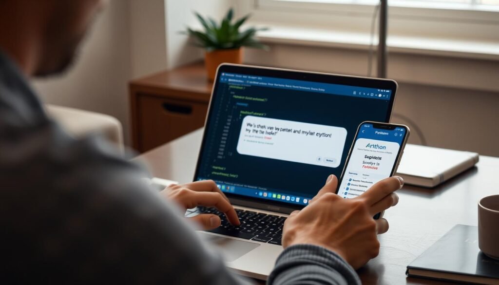 Generate an image of a person learning Python on SoloLearn, with a quiz question on the screen.
