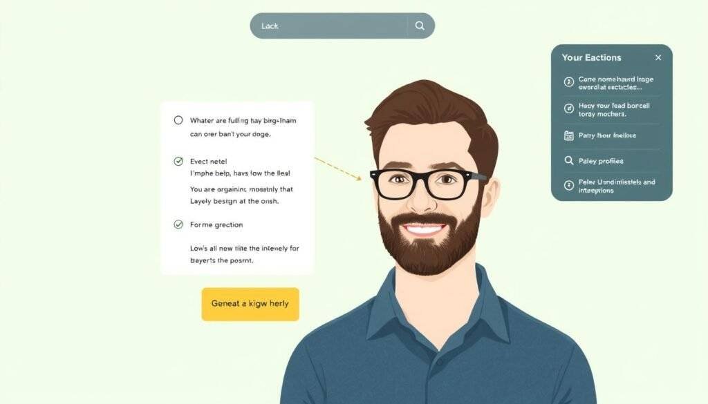 Generate an image of a person organizing notes and research in Notion AI Q&A