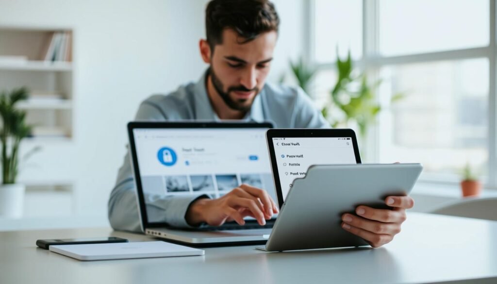 Generate an image of a person securely accessing their password vault on multiple devices.