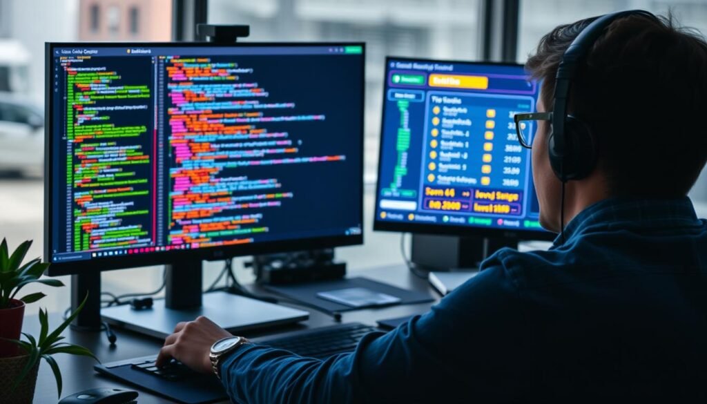 Generate an image of a person solving a coding challenge on CodinGame, with a coding environment on one screen and a game result on another.