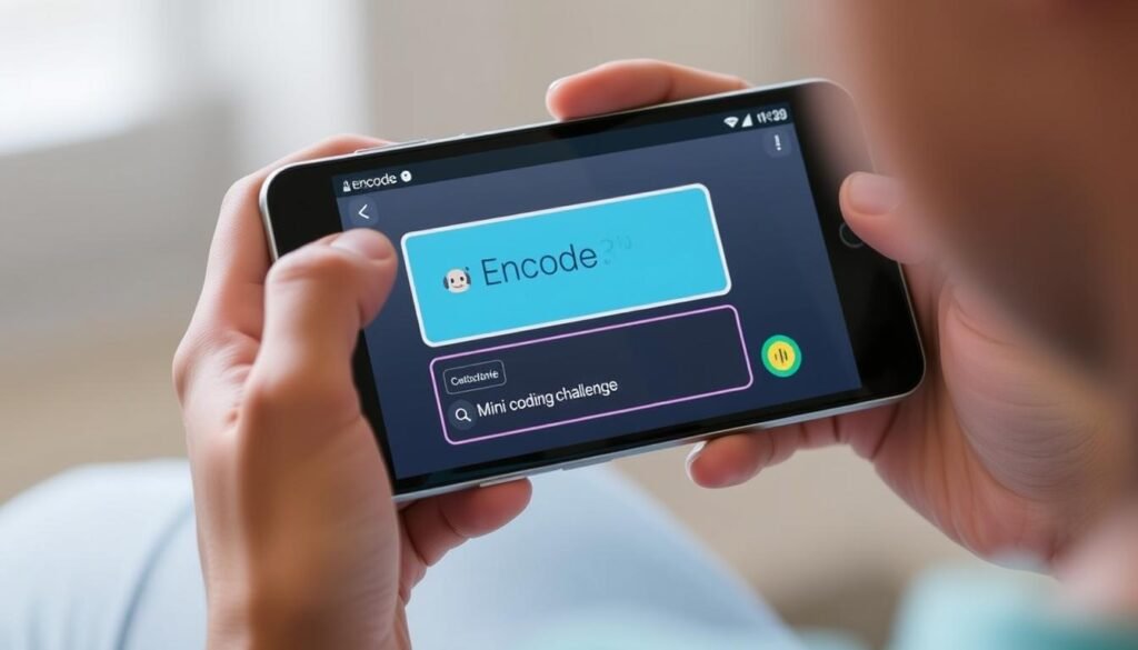 Generate an image of a person using Encode on their mobile device, with a mini-coding challenge on the screen.