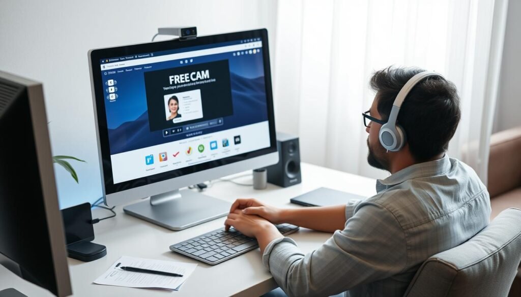 Generate an image of a person using Free Cam software on their computer to create a how-to video.