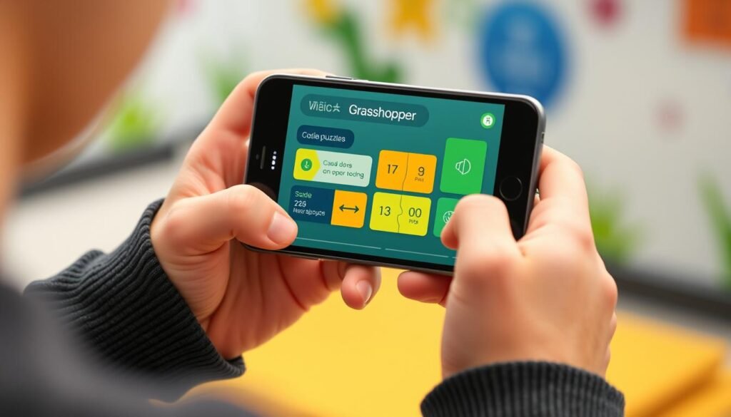 Generate an image of a person using Grasshopper on their mobile device, with coding puzzles on the screen.