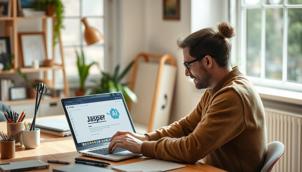 Generate an image of a person using Jasper AI writing tool on a laptop.