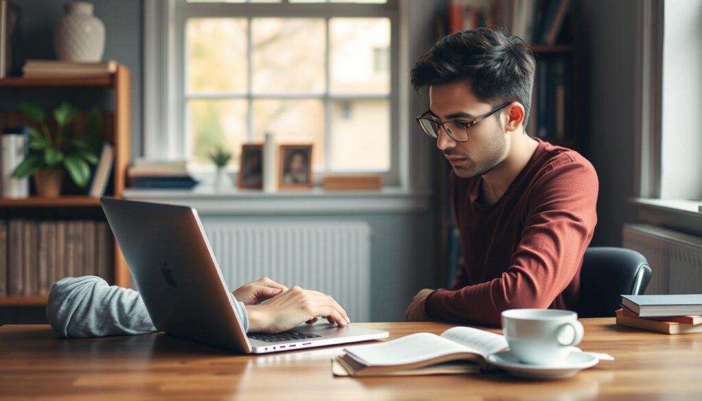 Generate an image of a person using Rytr on their laptop to create a long-form blog post.