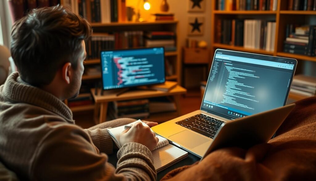 Generate an image of a person watching coding tutorials on Coursera