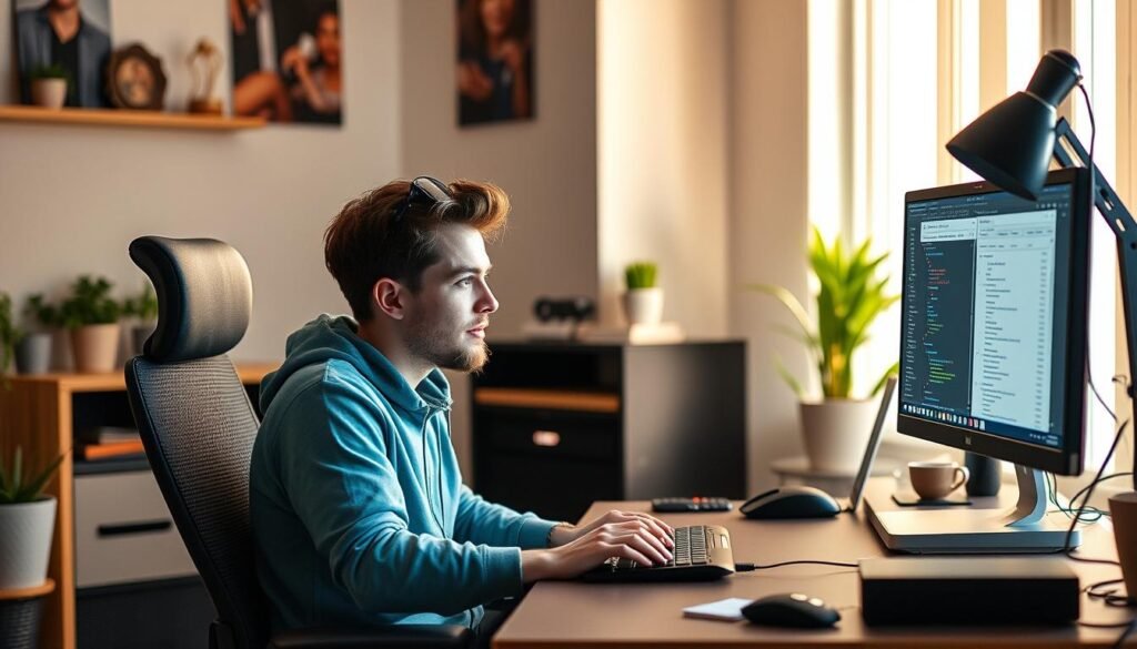 Generate an image of a person working on a freeCodeCamp project on a desktop computer.