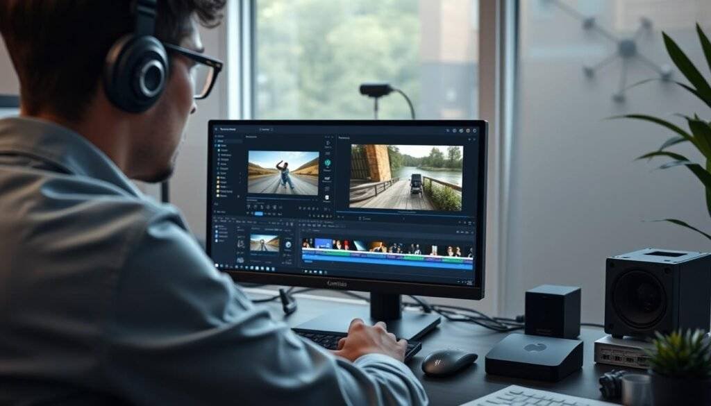 Generate an image of a professional video editor working on a Camtasia project on a Windows 11 computer.