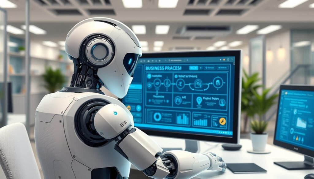 Generate an image of a robot automating a business process on a computer screen.
