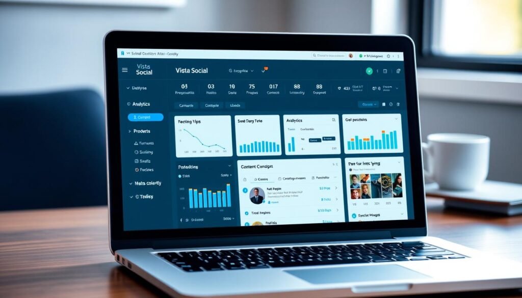 Generate an image of a social media dashboard using Vista Social on a laptop