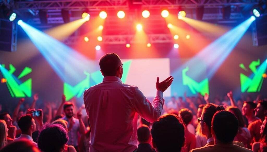 Generate an image of a social media influencer speaking on stage.