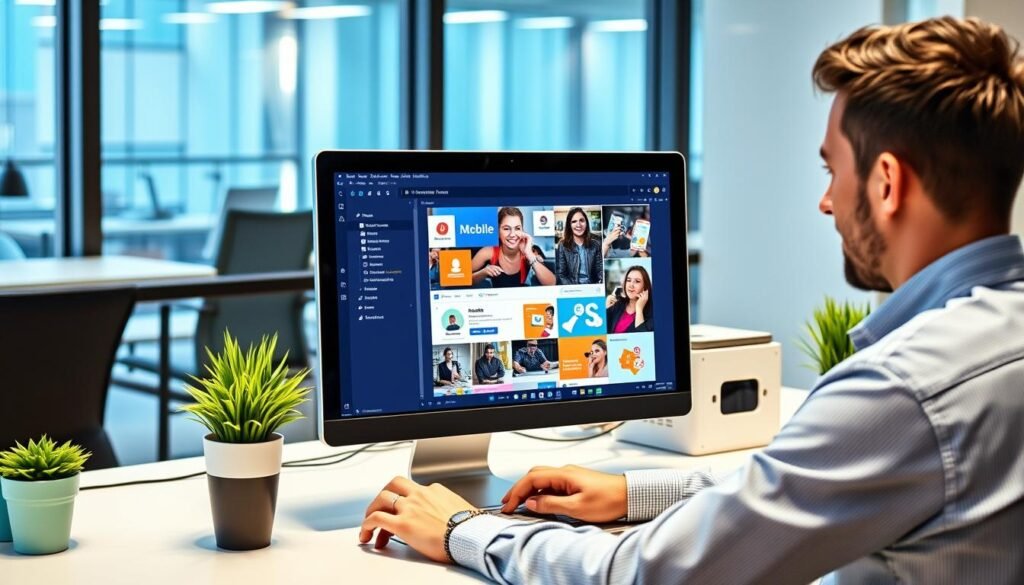 Generate an image of a social media manager using FeedHive on their desktop