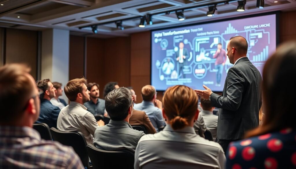 Generate an image of a speaker presenting to a corporate audience on digital transformation