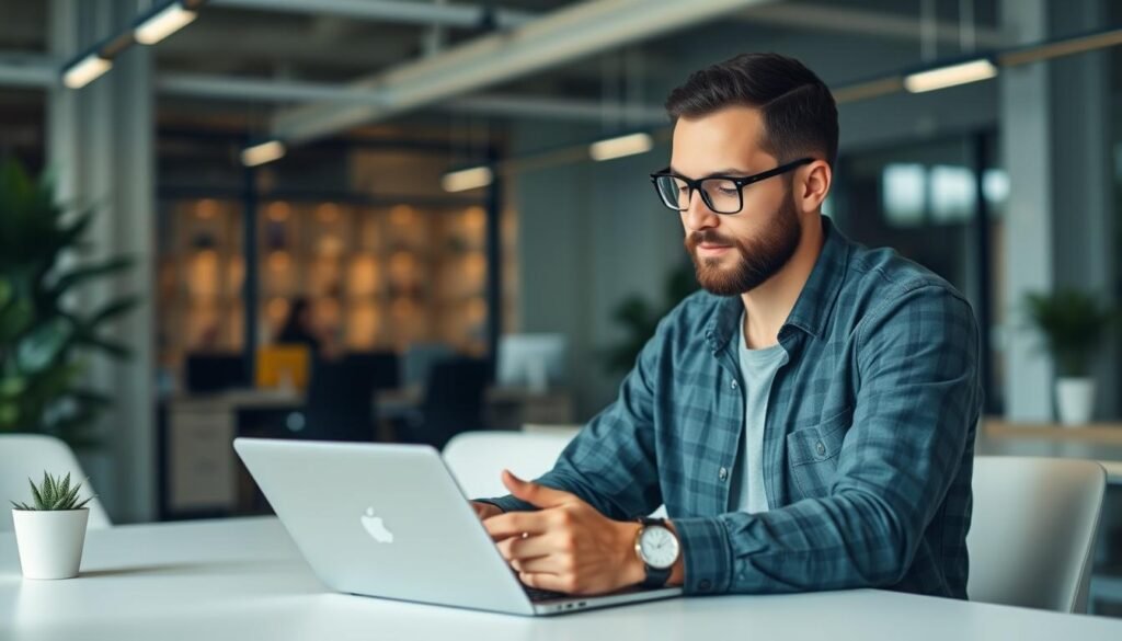 Generate an image of a startup founder using Flatlogic Generator to develop a custom business application.