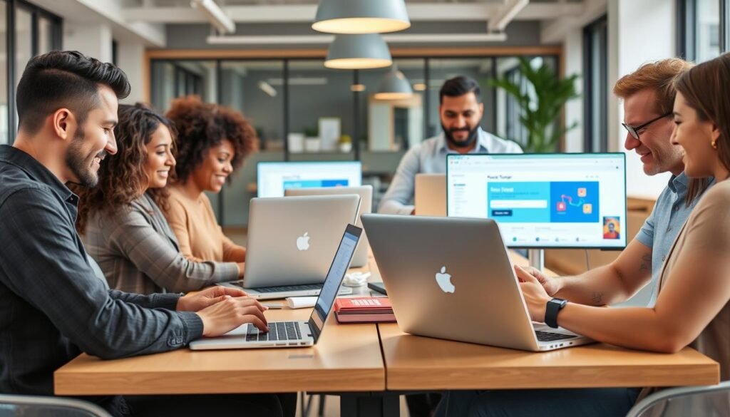Generate an image of a startup marketing team using Zapier on their laptops to automate workflows.