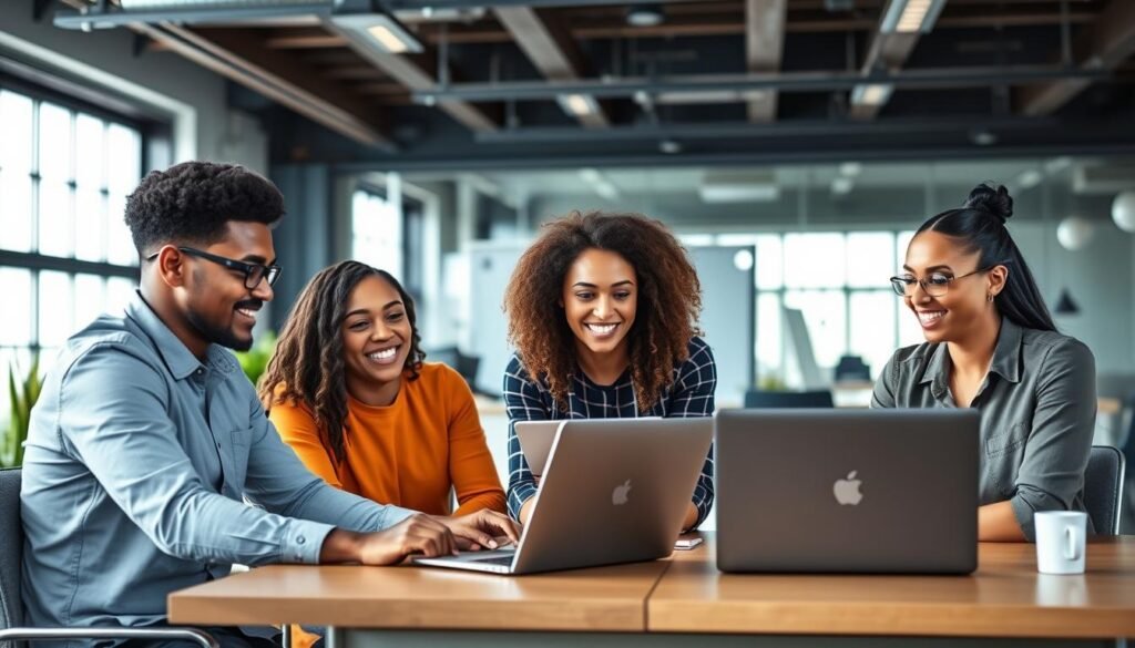 Generate an image of a startup team using HubSpot CRM on their laptops