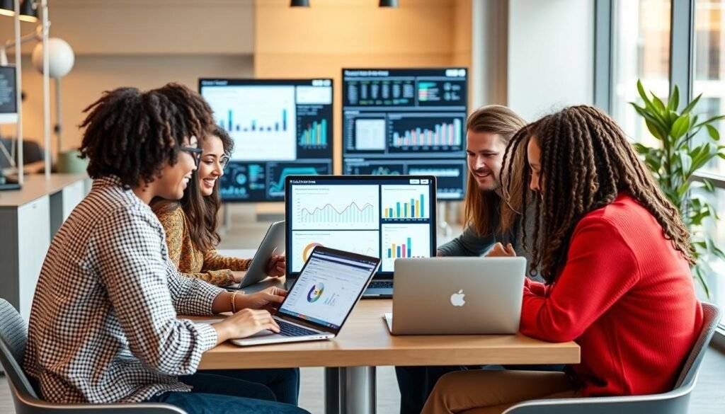 Generate an image of a startup team using Tableau to analyze business data on their laptops.